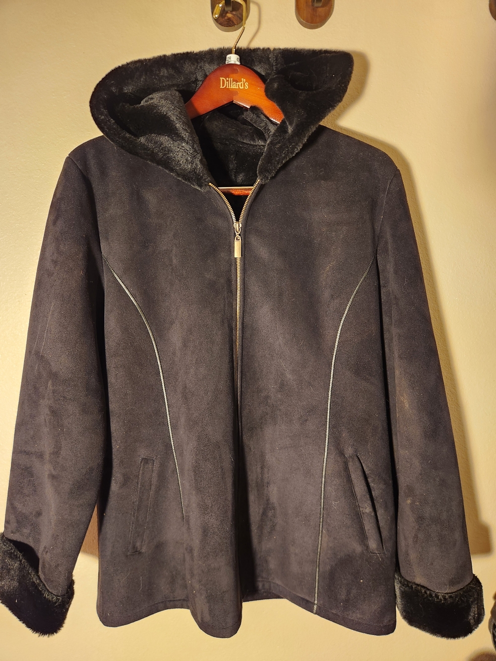 Marvin Richards Women’s Black Faux-Suede Hooded Coat with Faux-Fur Trim